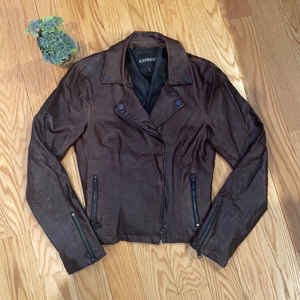 Express Brown Oiled Pleather Jacket - image 1